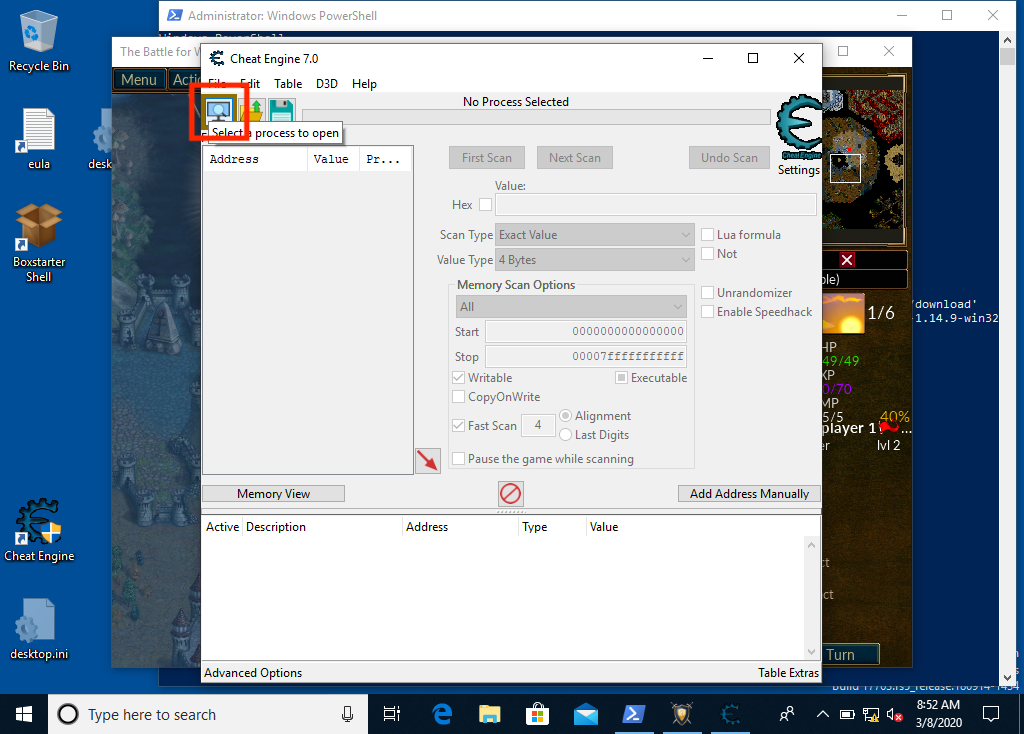 CheatEngine's Select Process Item Highlighted