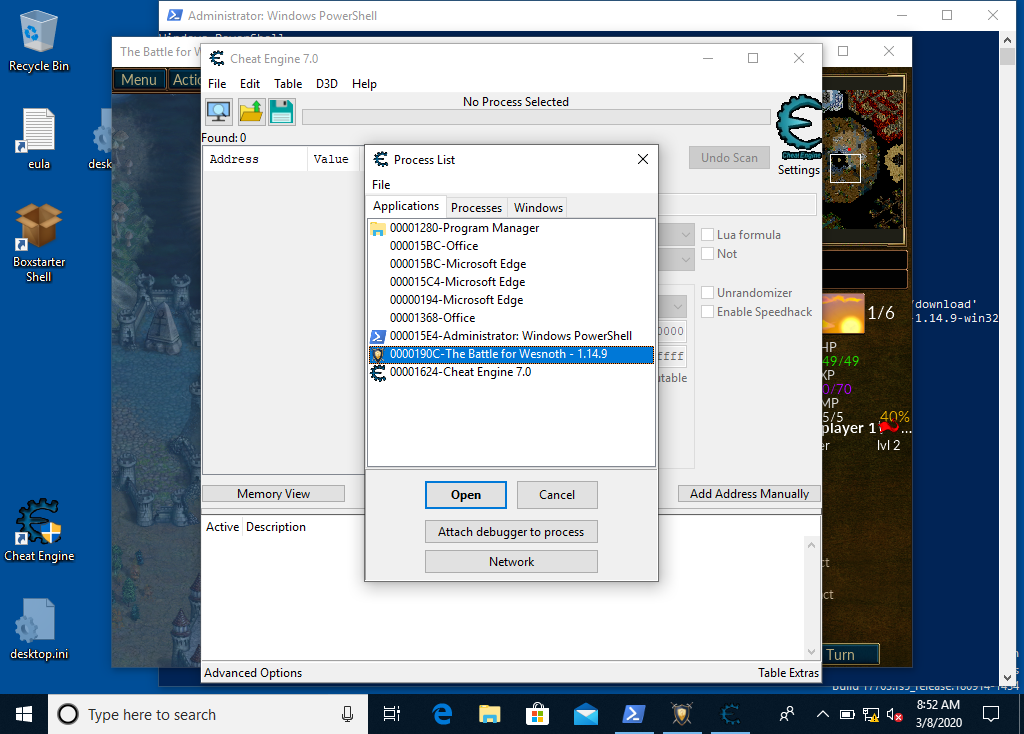 Selecting Wesnoth in CheatEngine's Process List