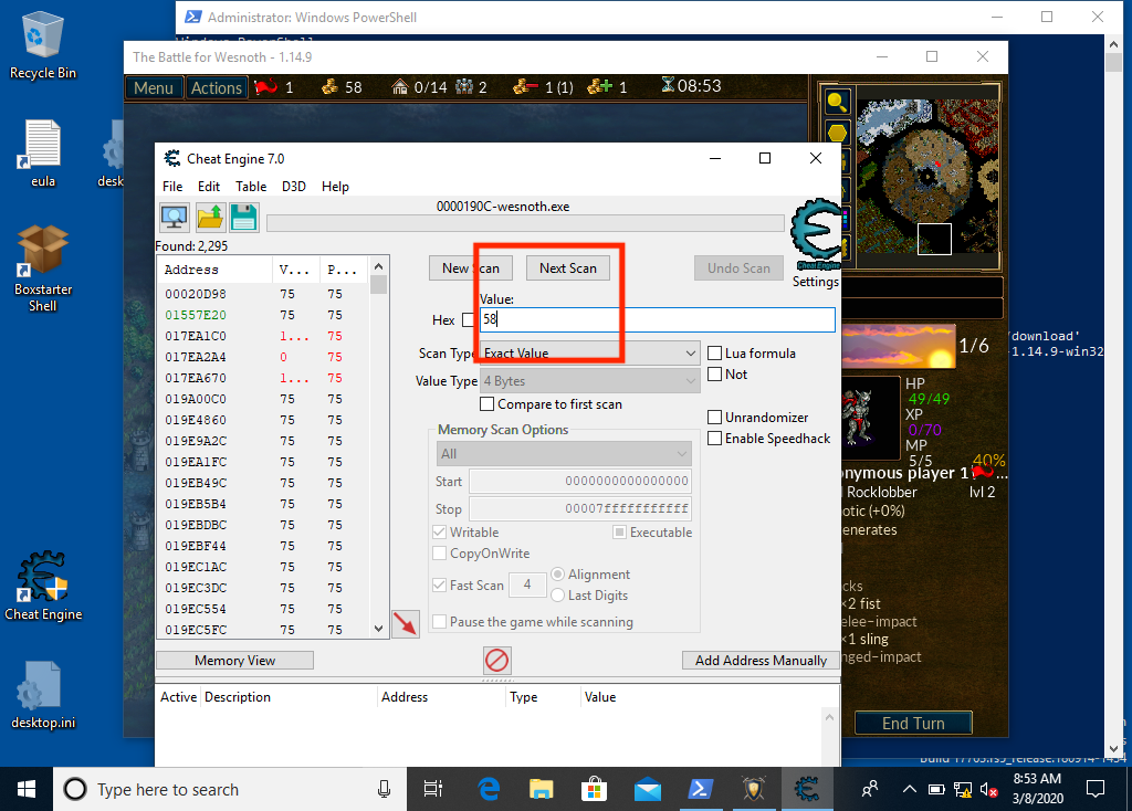 Filtering the Found Values for the Player's Gold in CheatEngine
