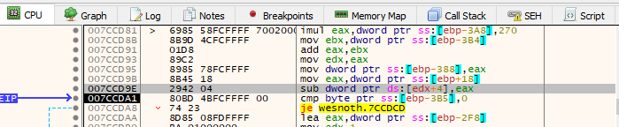 x64dbg Displaying the Line of Code Used to Change Player Gold