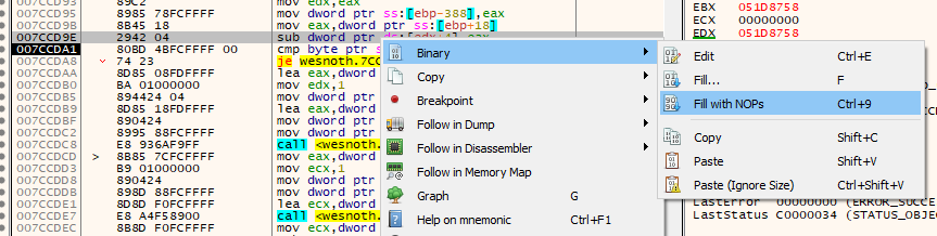 Using x64dbg's Fill Feature to Change an Instruction to NOPs
