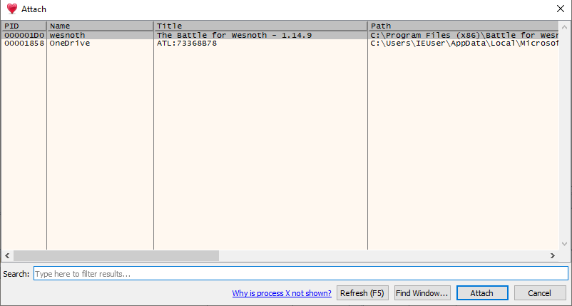Select Wesnoth in x64dbg's Process List