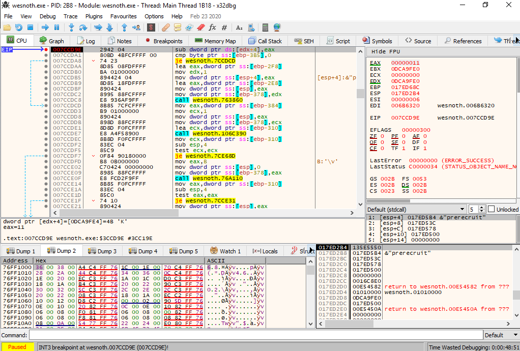 x64dbg Displaying the Code Called When Recruiting a Unit