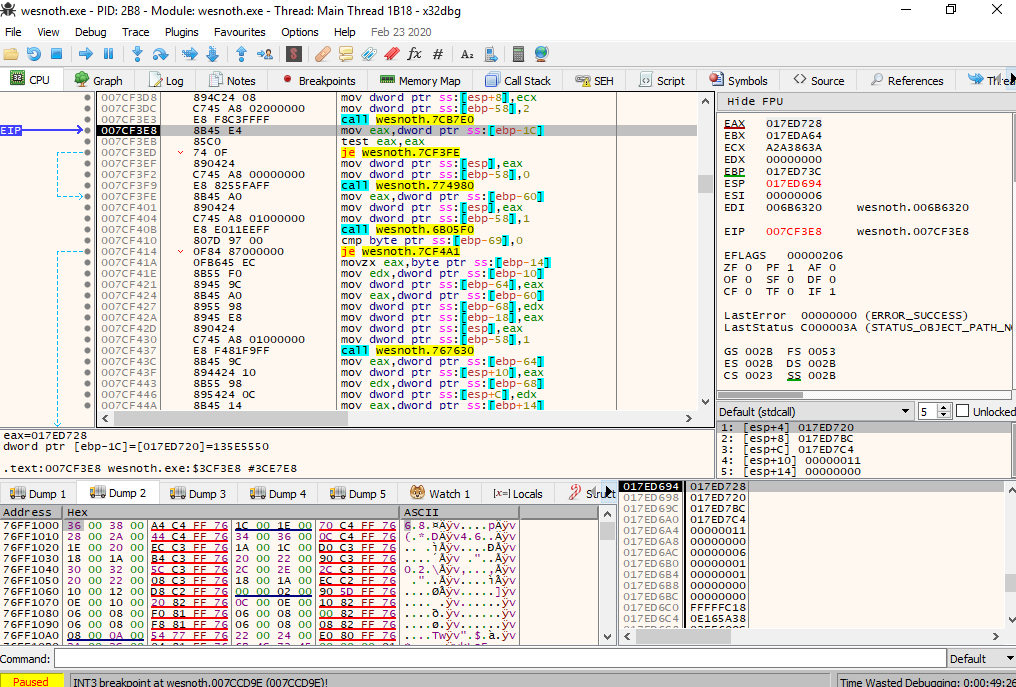 x64dbg Displaying Wesnoth Code That Called the Recruiting Code