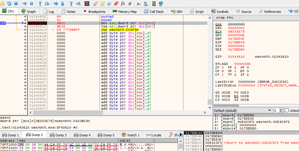 Breakpoint in Code Cave Popping