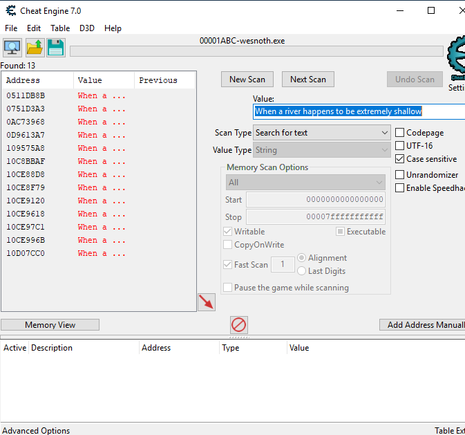 Searching for text in Cheat Engine