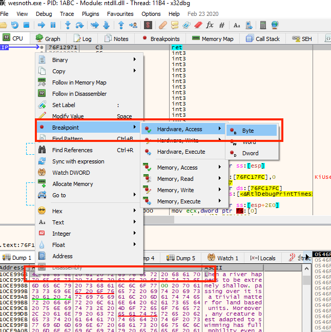 Breakpoint on text byte